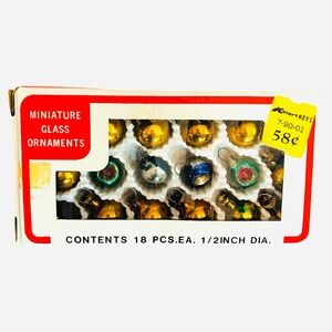 Miniature Glass Ornaments Set in original box 17 pieces Gold-Silver Vintage 1/2”